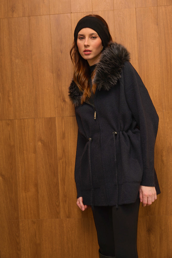 Fur Hooded Zip-up Cardigan