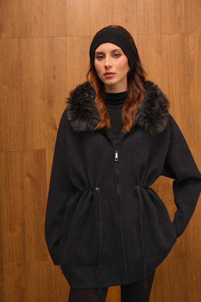 Fur Hooded Zip-up Cardigan