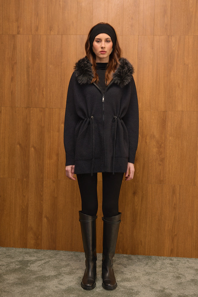 Fur Hooded Zip-up Cardigan