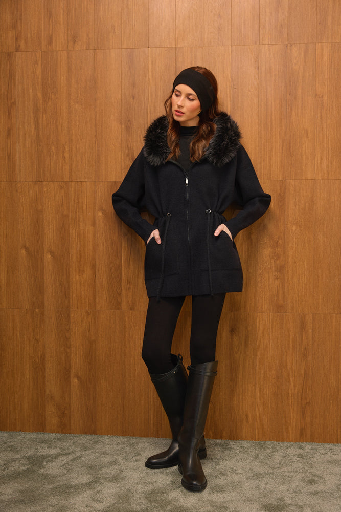 Fur Hooded Zip-up Cardigan