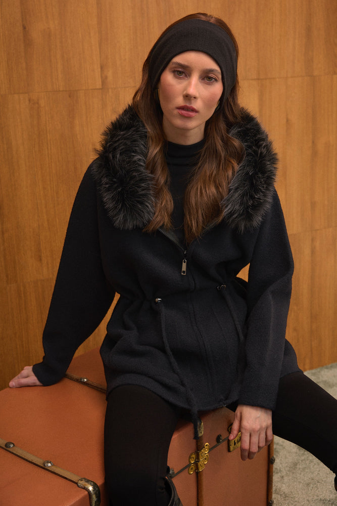 Fur Hooded Zip-up Cardigan