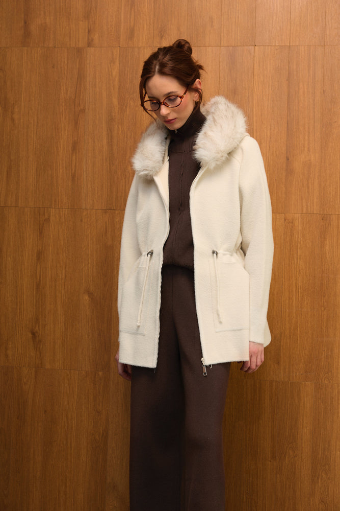 Fur Hooded Zip-up Cardigan