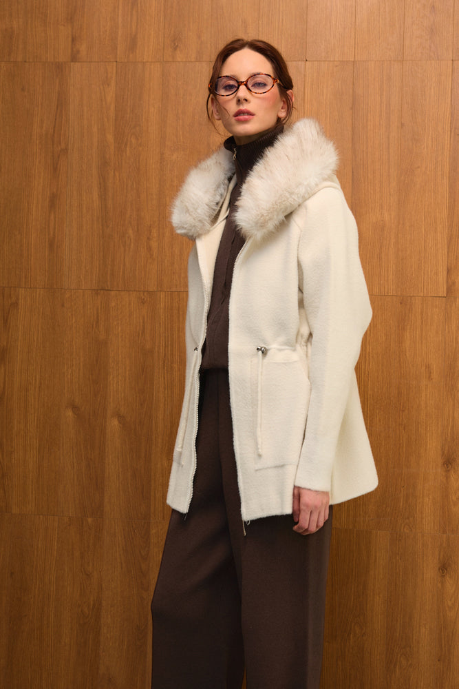 Fur Hooded Zip-up Cardigan