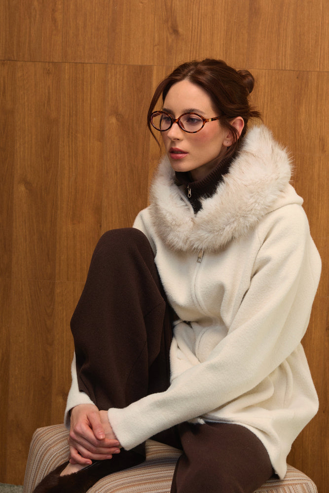 Fur Hooded Zip-up Cardigan